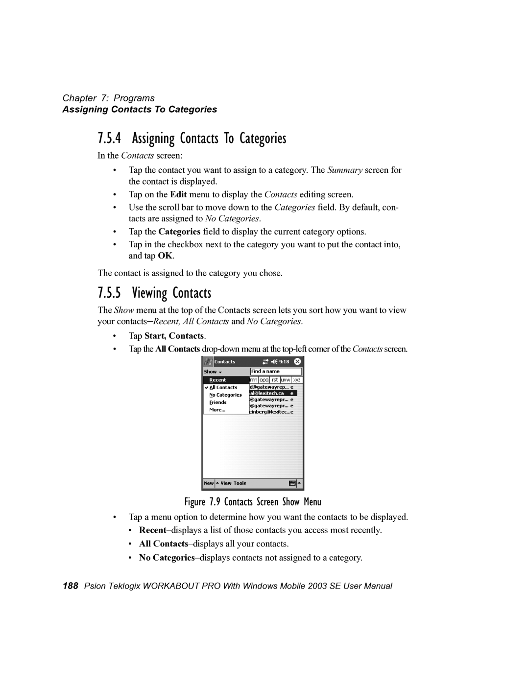 Psion Teklogix 7525 user manual Assigning Contacts To Categories, Viewing Contacts, Tap Start, Contacts 