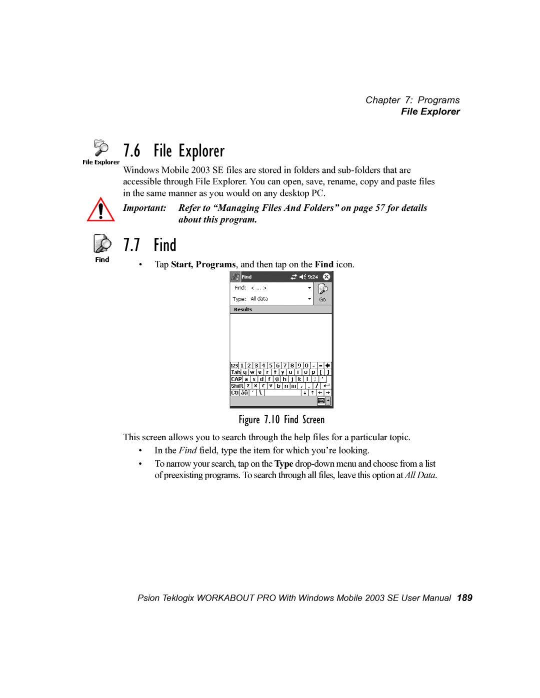 Psion Teklogix 7525 user manual File Explorer, Find 