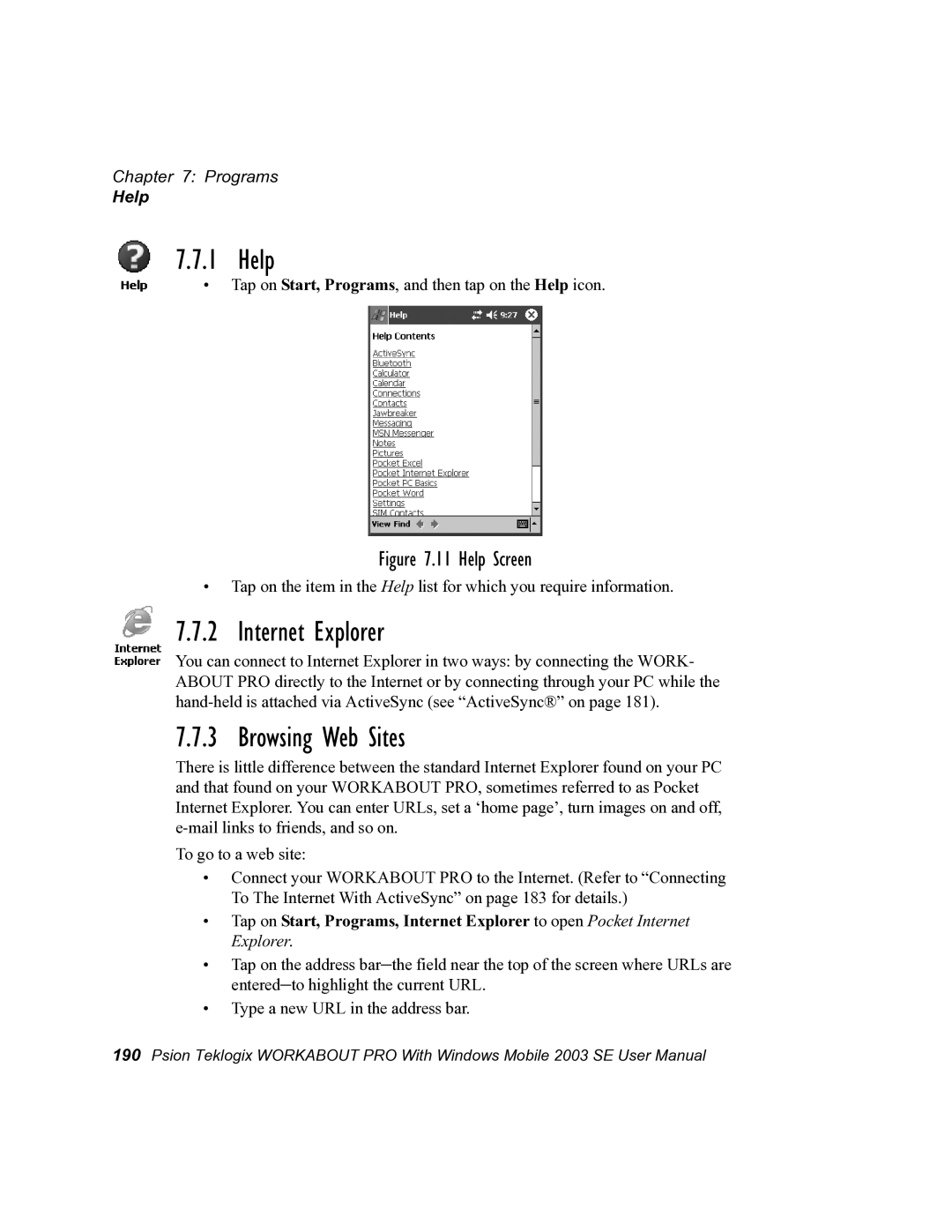 Psion Teklogix 7525 user manual Help, Internet Explorer, Browsing Web Sites 