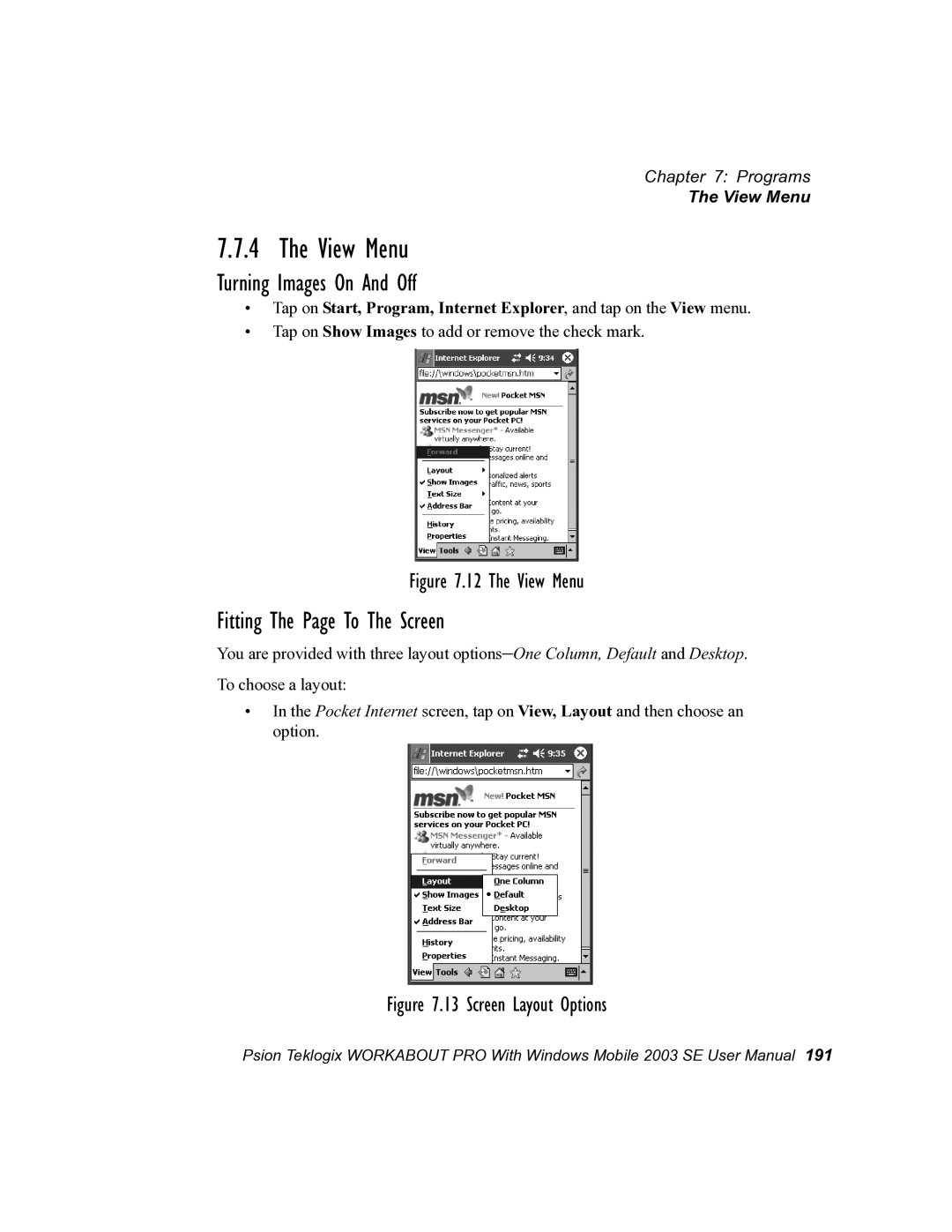 Psion Teklogix 7525 user manual View Menu, Turning Images On And Off, Fitting The Page To The Screen 