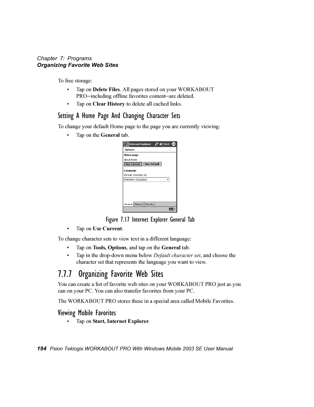 Psion Teklogix 7525 user manual Organizing Favorite Web Sites, Setting a Home Page And Changing Character Sets 