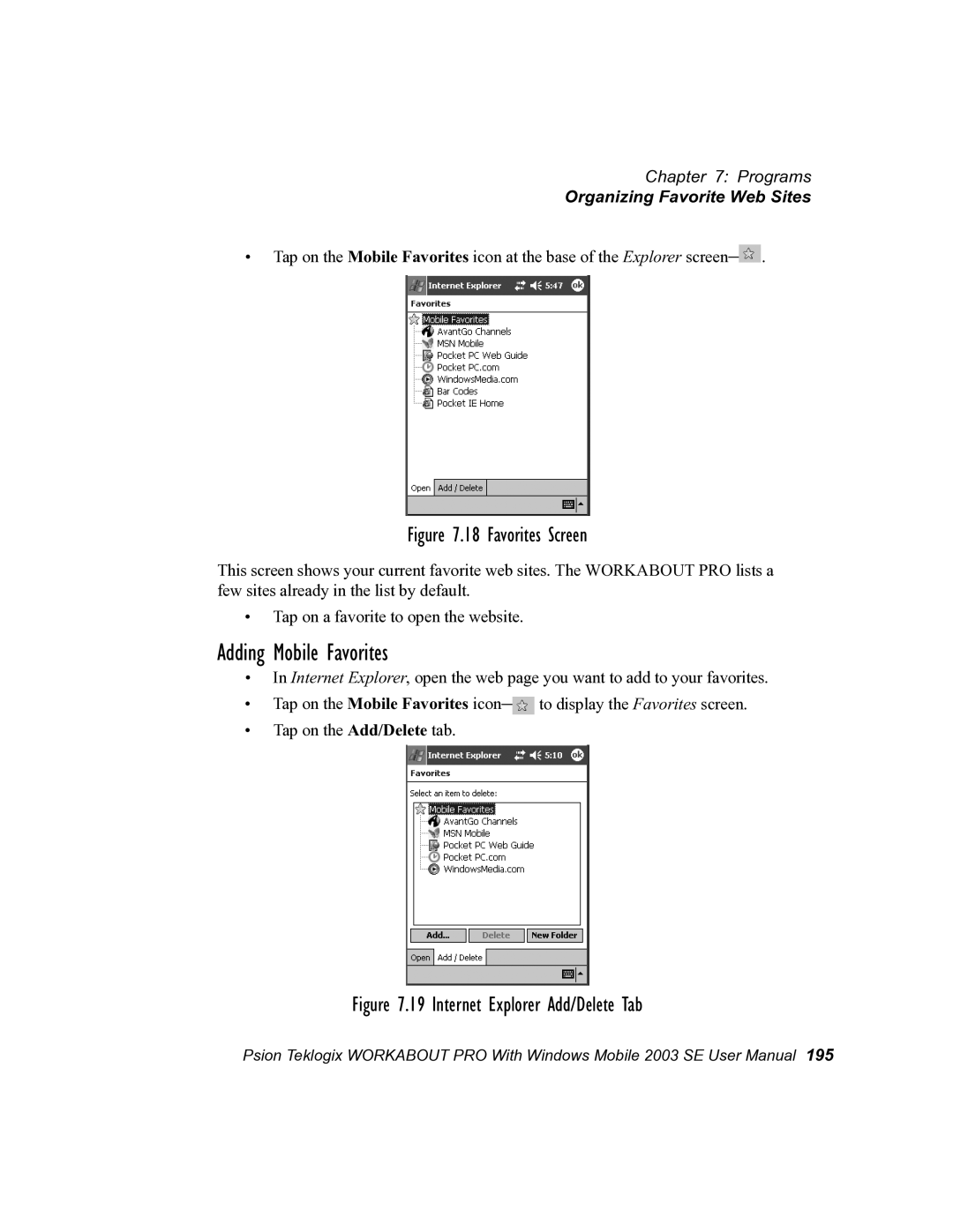 Psion Teklogix 7525 user manual Adding Mobile Favorites, Favorites Screen 