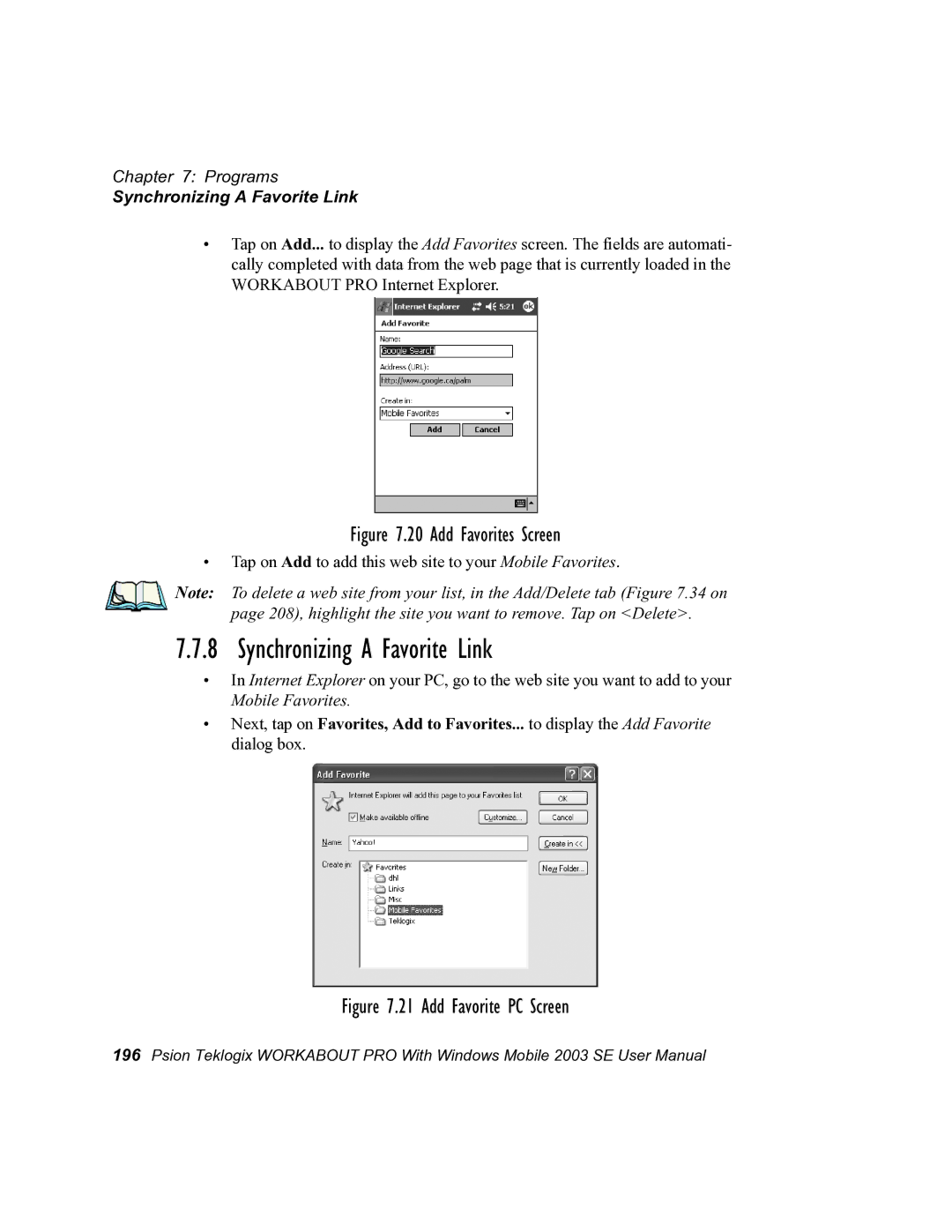 Psion Teklogix 7525 user manual Synchronizing a Favorite Link 