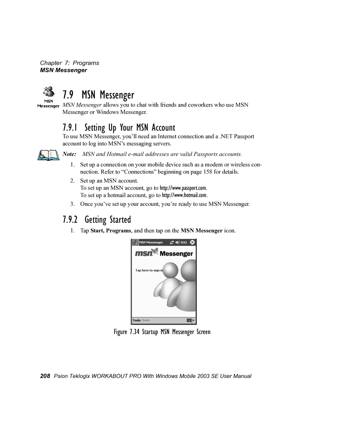 Psion Teklogix 7525 user manual MSN Messenger, Setting Up Your MSN Account, Getting Started 