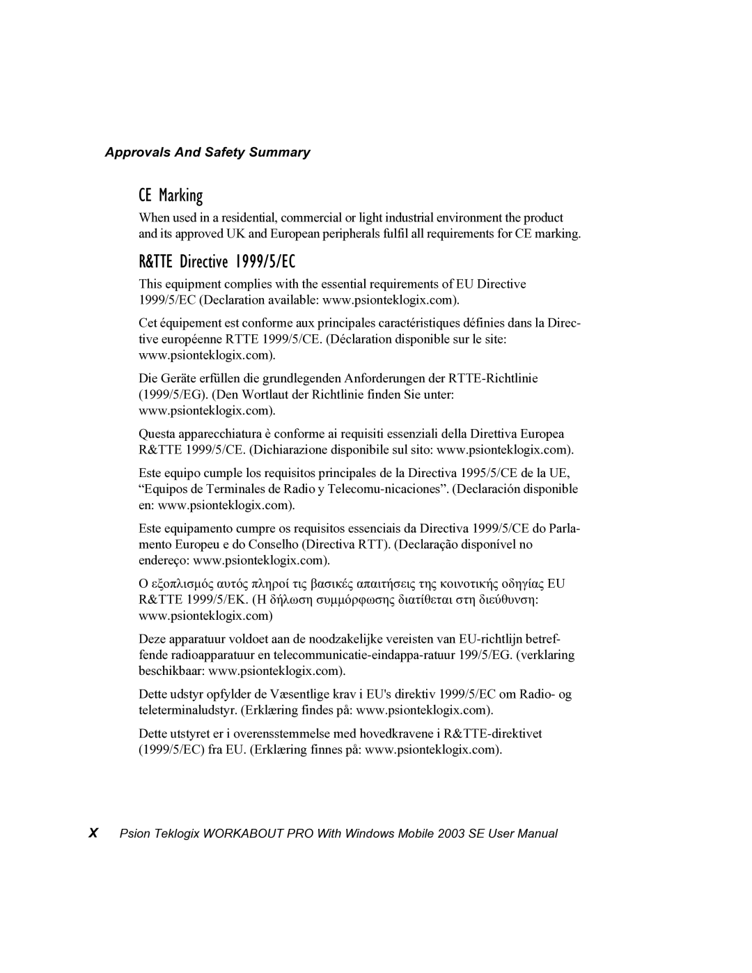 Psion Teklogix 7525 user manual CE Marking, TTE Directive 1999/5/EC, Approvals And Safety Summary 
