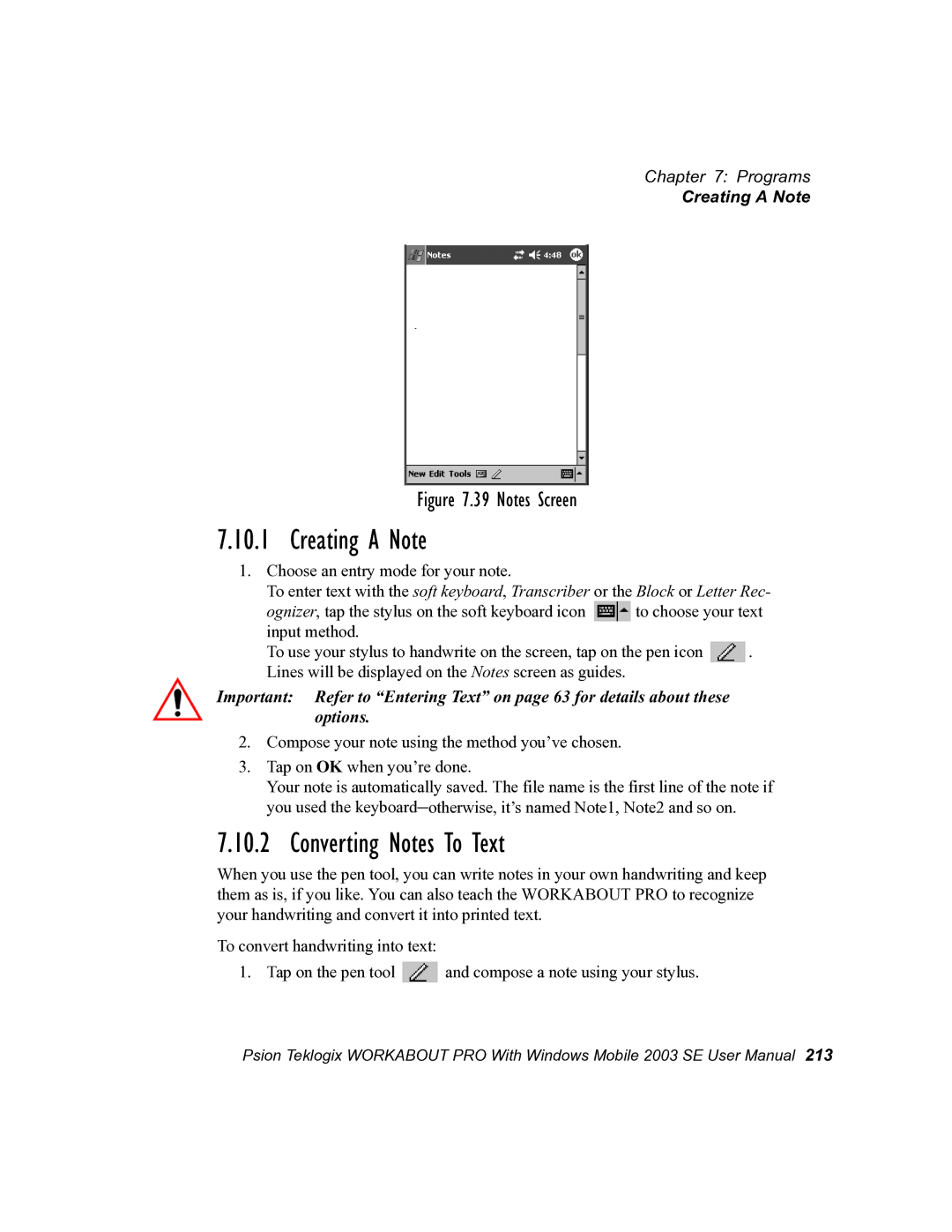 Psion Teklogix 7525 user manual Creating a Note, Converting Notes To Text 