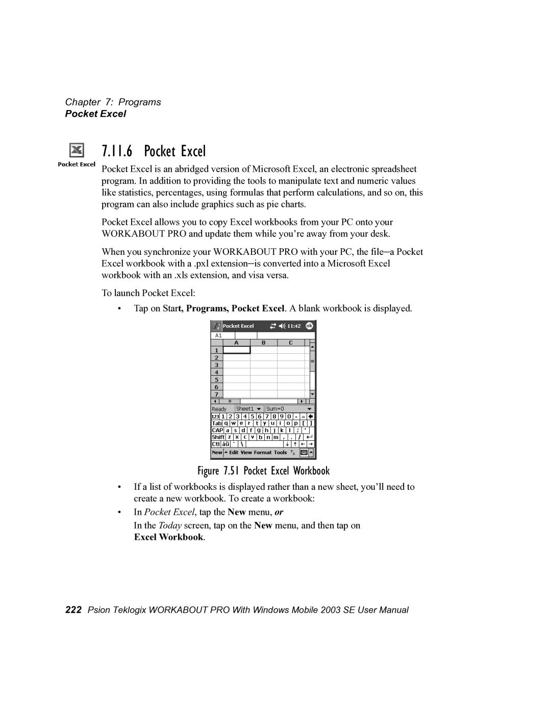 Psion Teklogix 7525 user manual Pocket Excel 