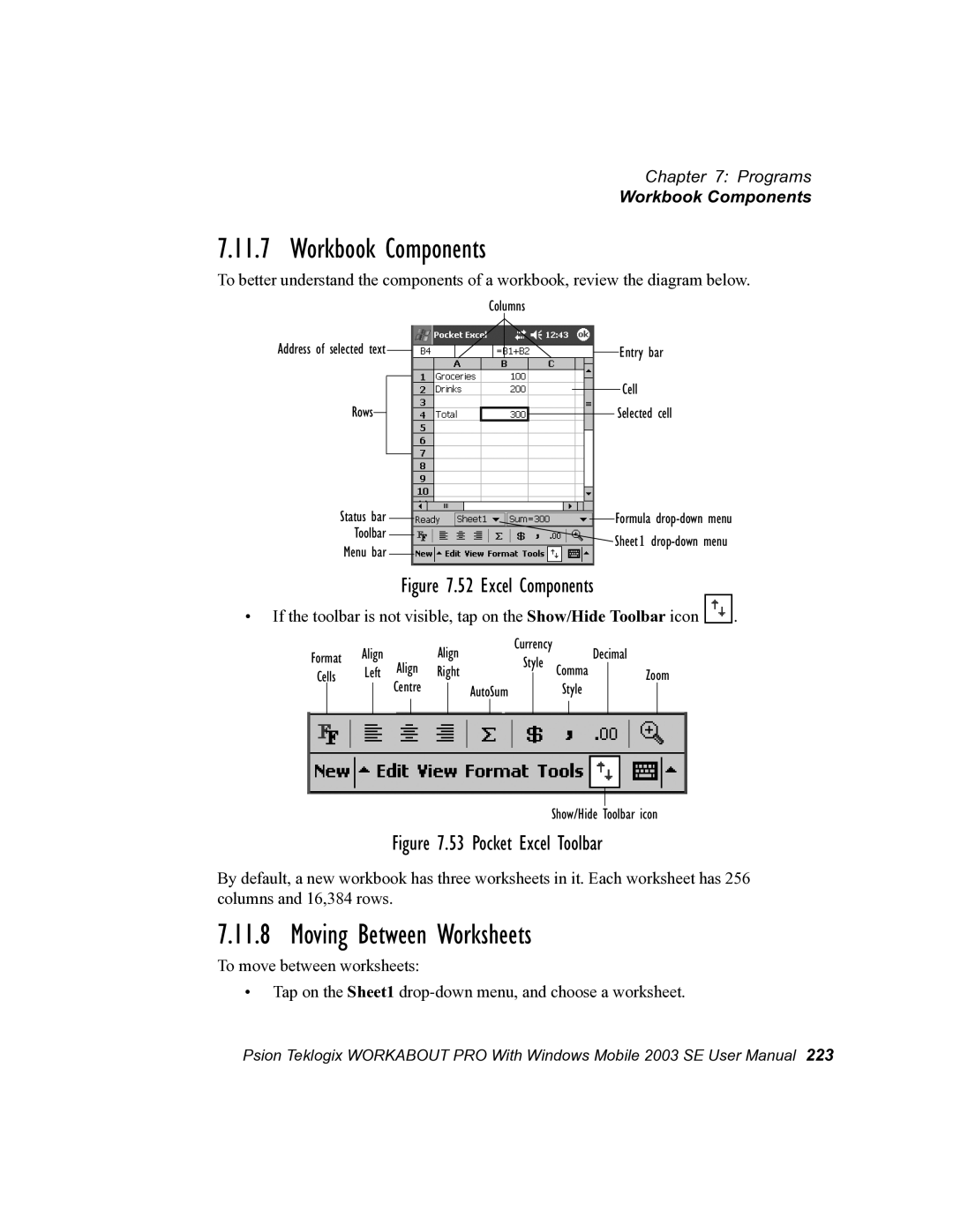 Psion Teklogix 7525 user manual Workbook Components, Moving Between Worksheets 