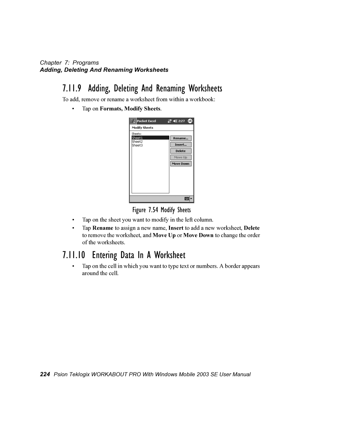 Psion Teklogix 7525 Adding, Deleting And Renaming Worksheets, Entering Data In a Worksheet, Tap on Formats, Modify Sheets 