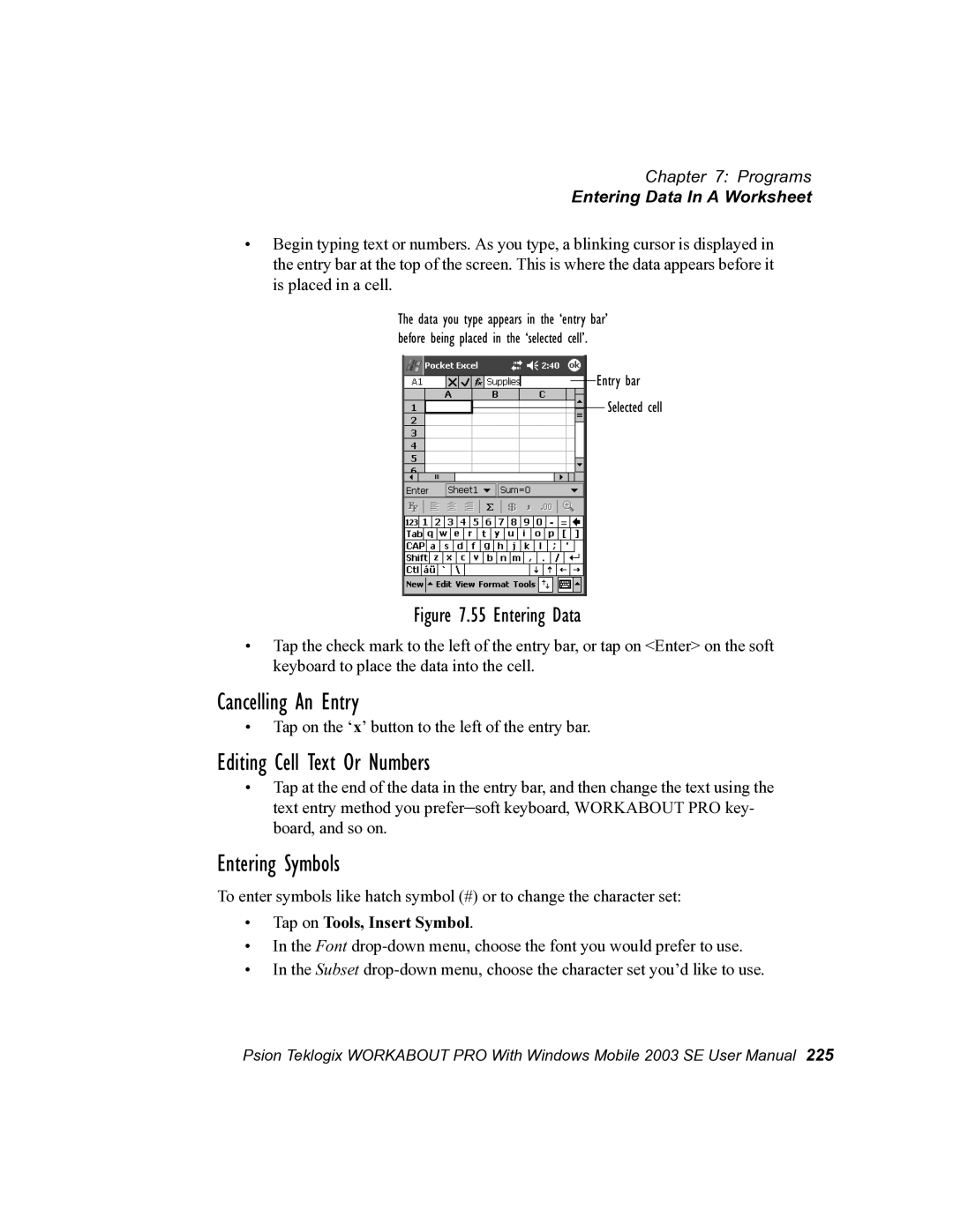 Psion Teklogix 7525 Cancelling An Entry, Editing Cell Text Or Numbers, Entering Symbols, Entering Data In a Worksheet 