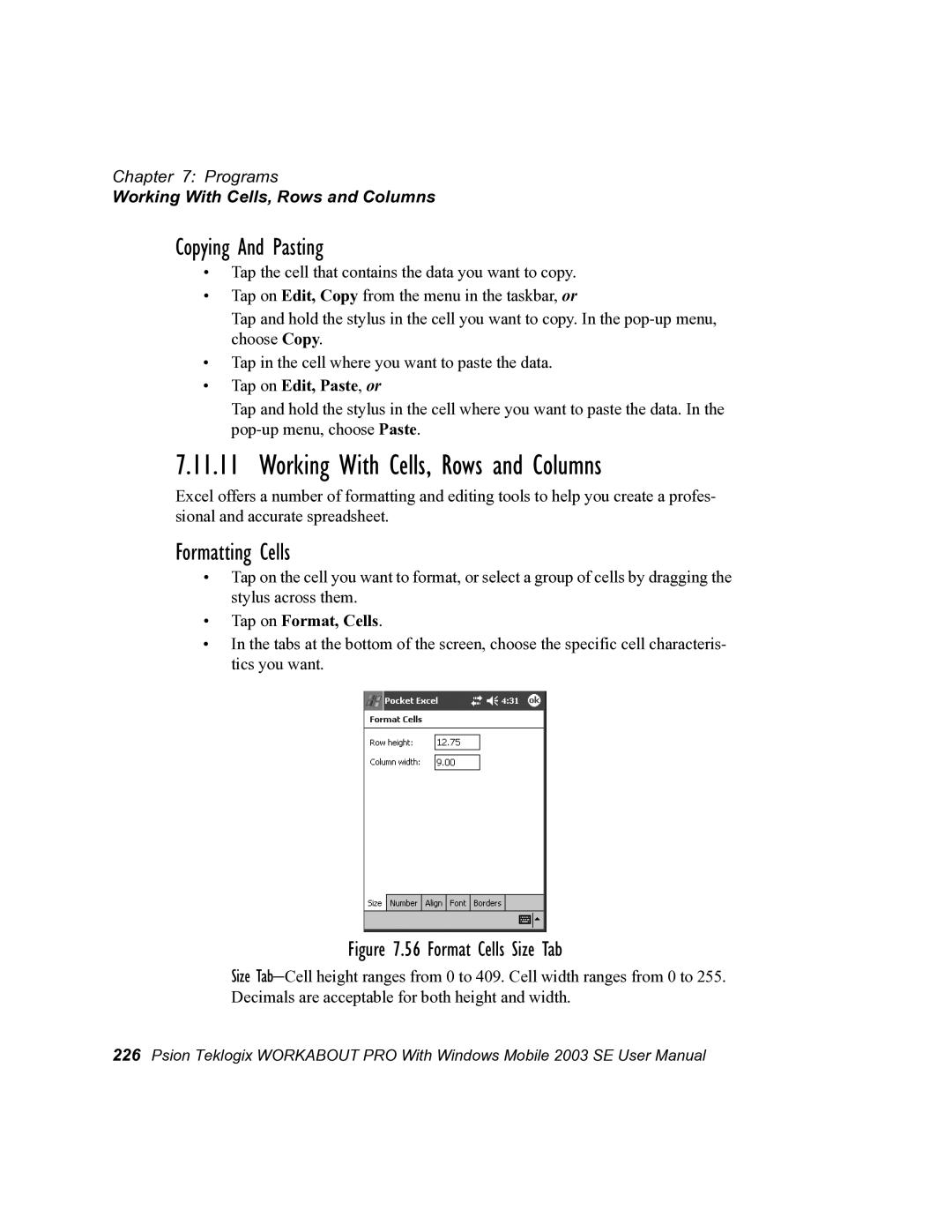 Psion Teklogix 7525 user manual Working With Cells, Rows and Columns, Copying And Pasting, Formatting Cells 