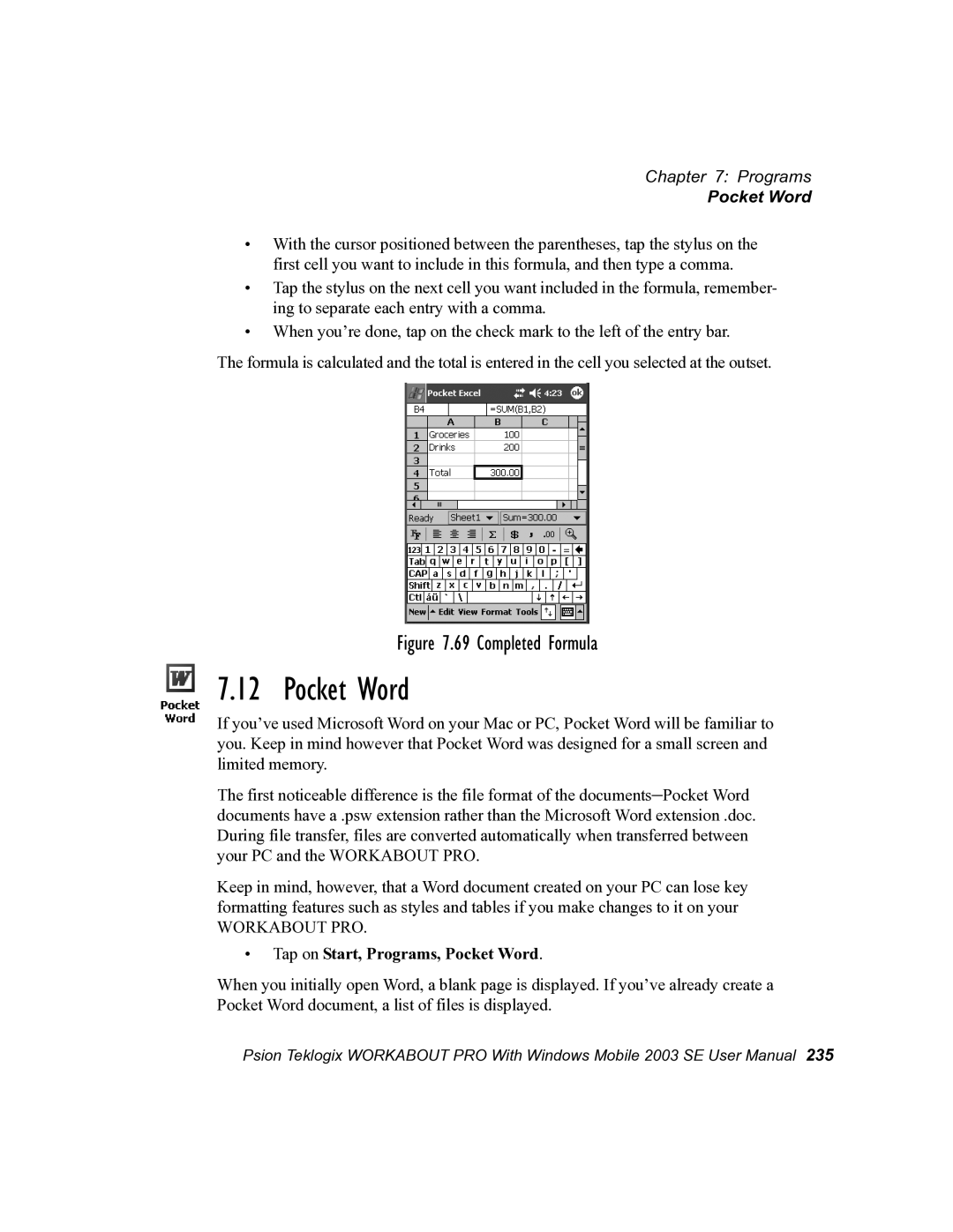 Psion Teklogix 7525 user manual Tap on Start, Programs, Pocket Word 