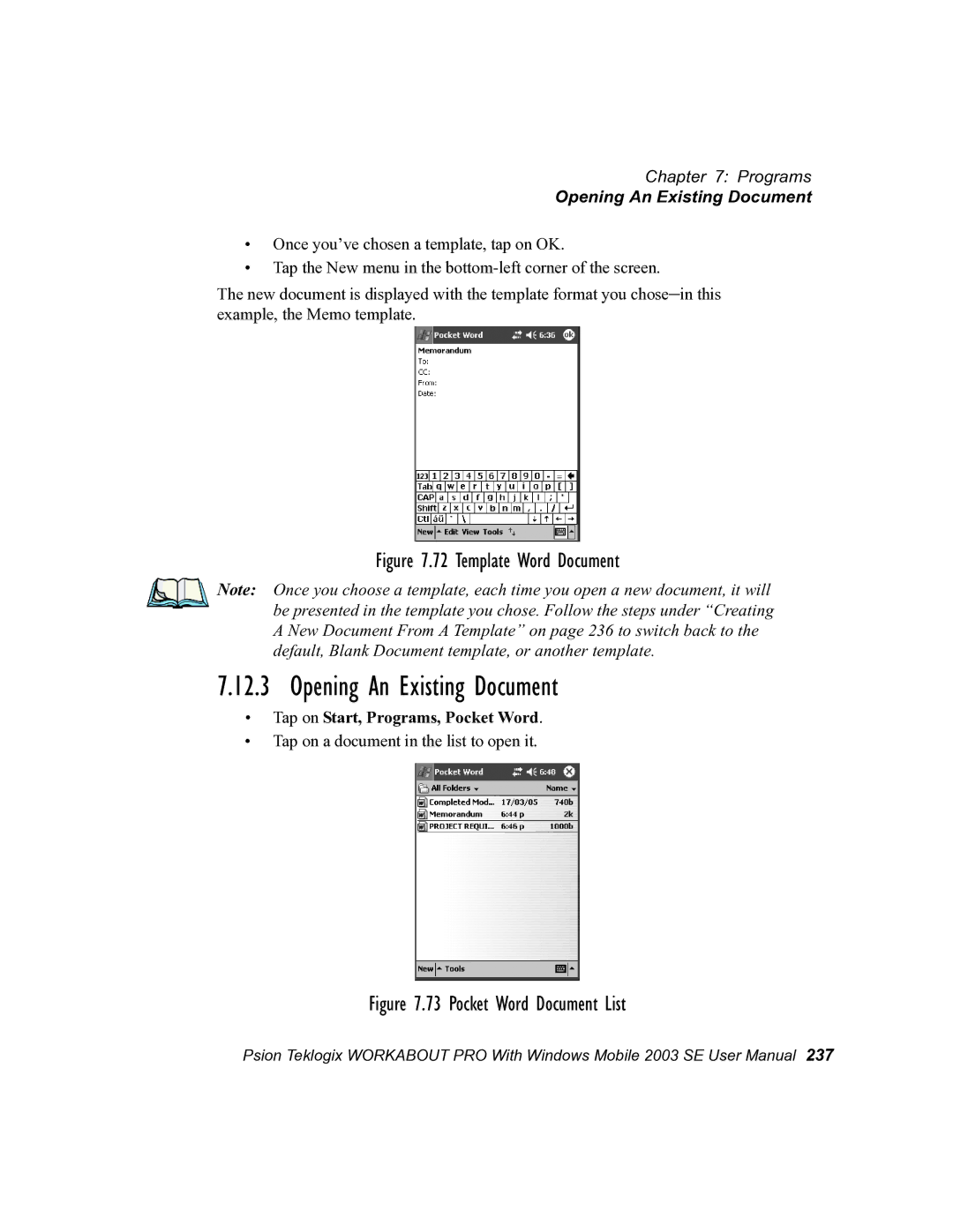 Psion Teklogix 7525 user manual Opening An Existing Document 