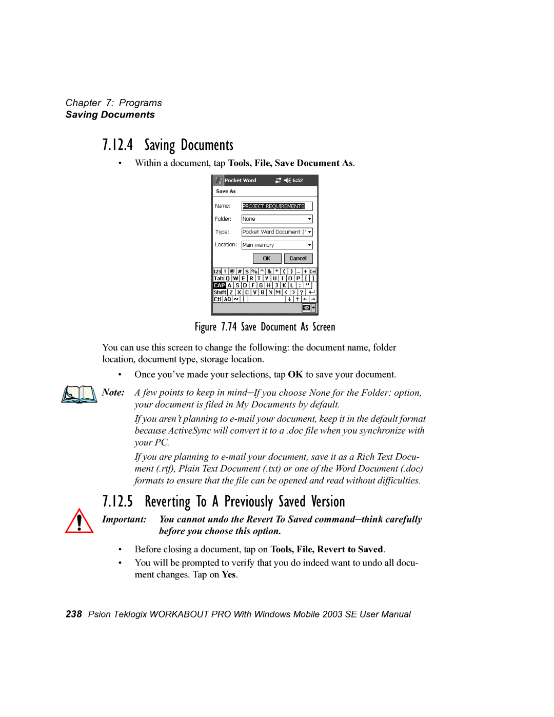 Psion Teklogix 7525 user manual Saving Documents, Reverting To a Previously Saved Version 