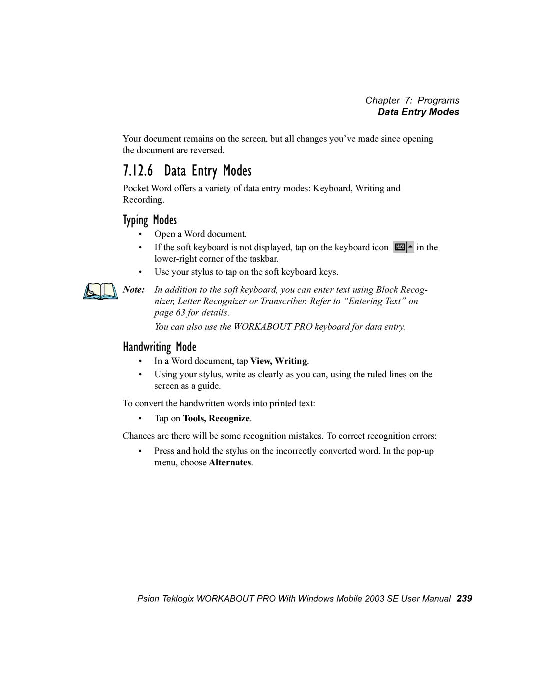 Psion Teklogix 7525 user manual Data Entry Modes, Typing Modes, Handwriting Mode 