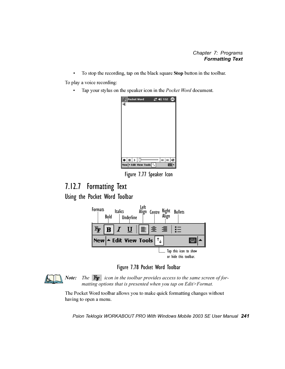 Psion Teklogix 7525 user manual Formatting Text, Using the Pocket Word Toolbar 