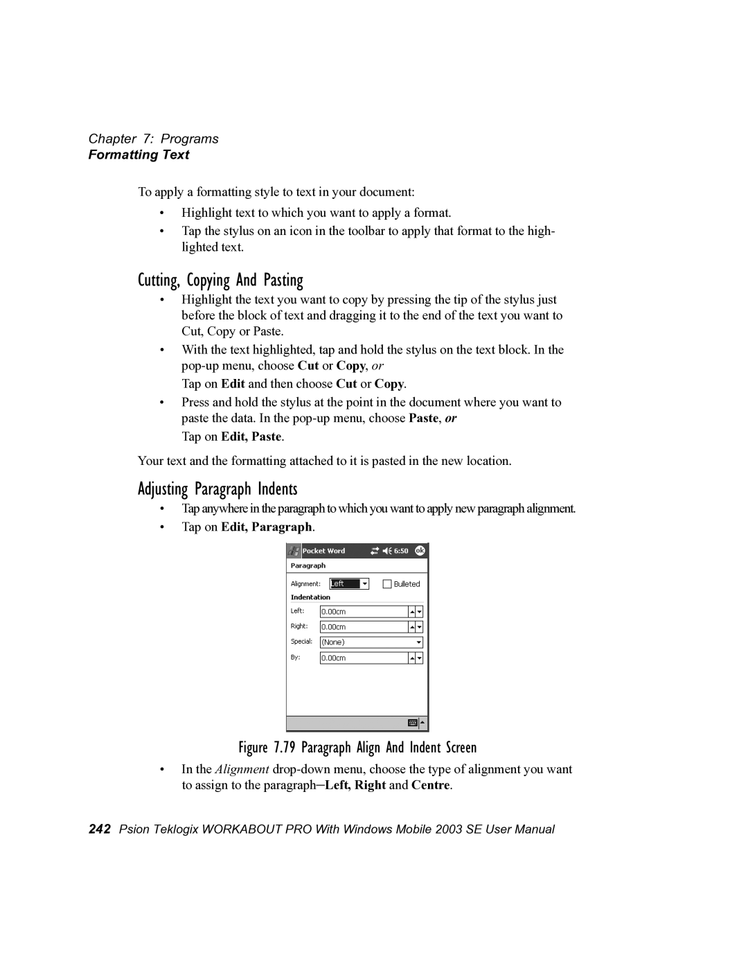Psion Teklogix 7525 Cutting, Copying And Pasting, Adjusting Paragraph Indents, Tap on Edit, Paste, Tap on Edit, Paragraph 