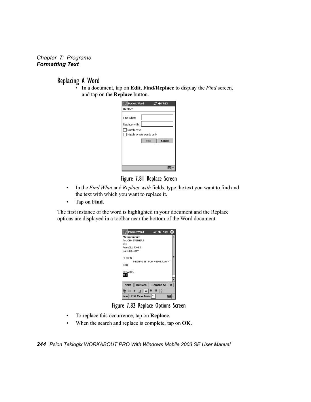 Psion Teklogix 7525 user manual Replacing a Word, Replace Screen 