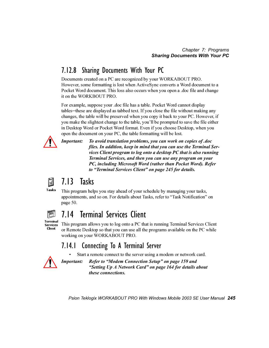 Psion Teklogix 7525 Tasks, Terminal Services Client, Sharing Documents With Your PC, Connecting To a Terminal Server 