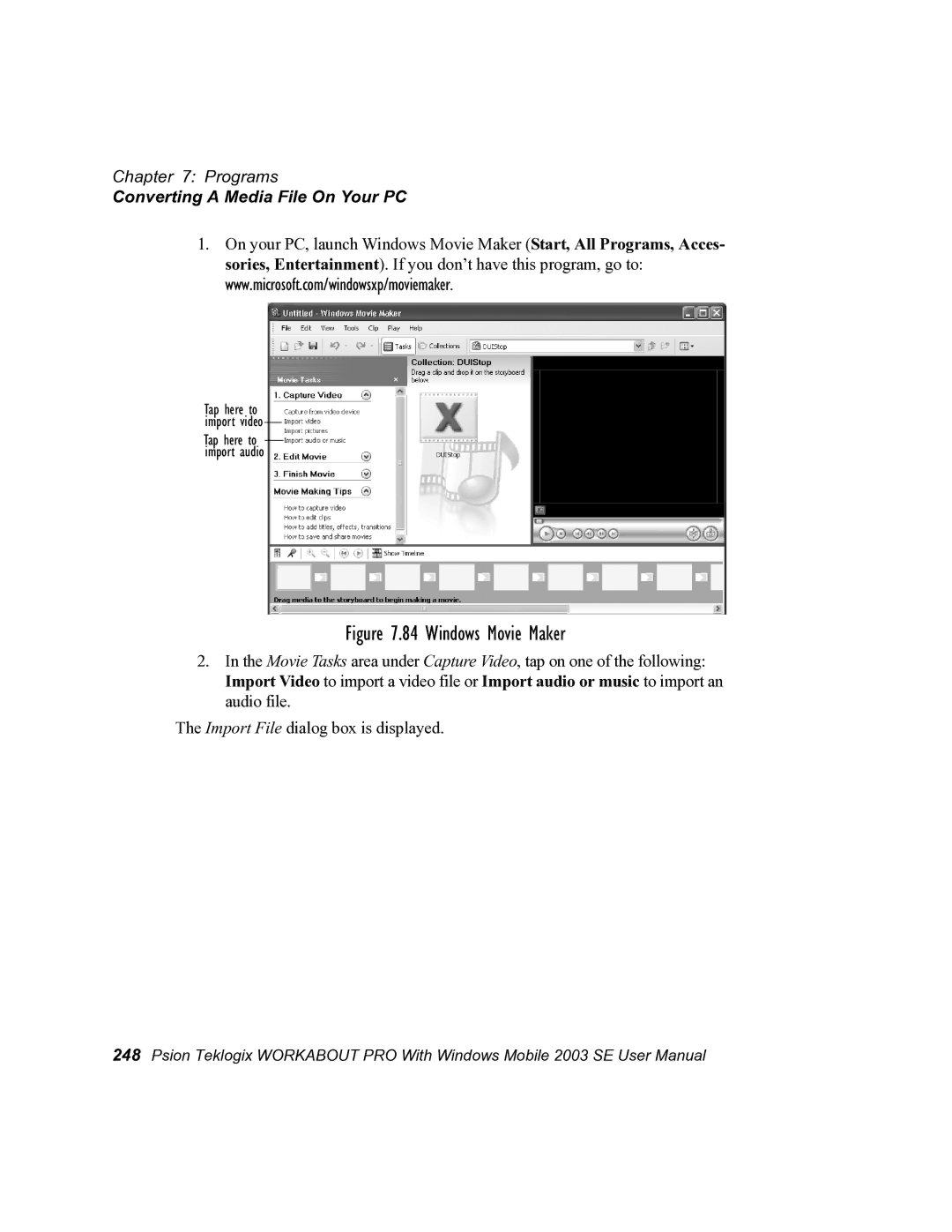 Psion Teklogix 7525 user manual Windows Movie Maker, Converting a Media File On Your PC 