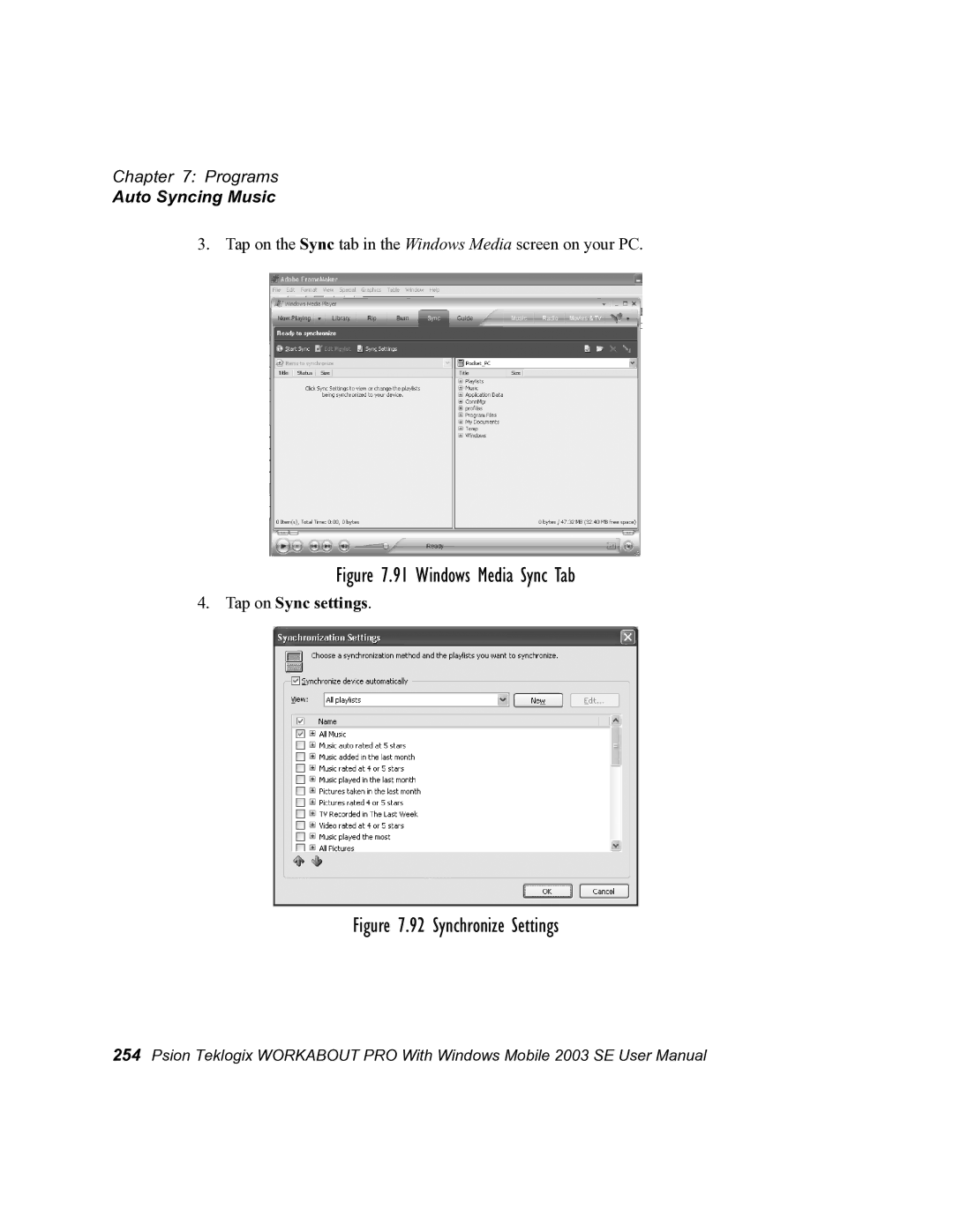 Psion Teklogix 7525 user manual Auto Syncing Music, Tap on Sync settings 