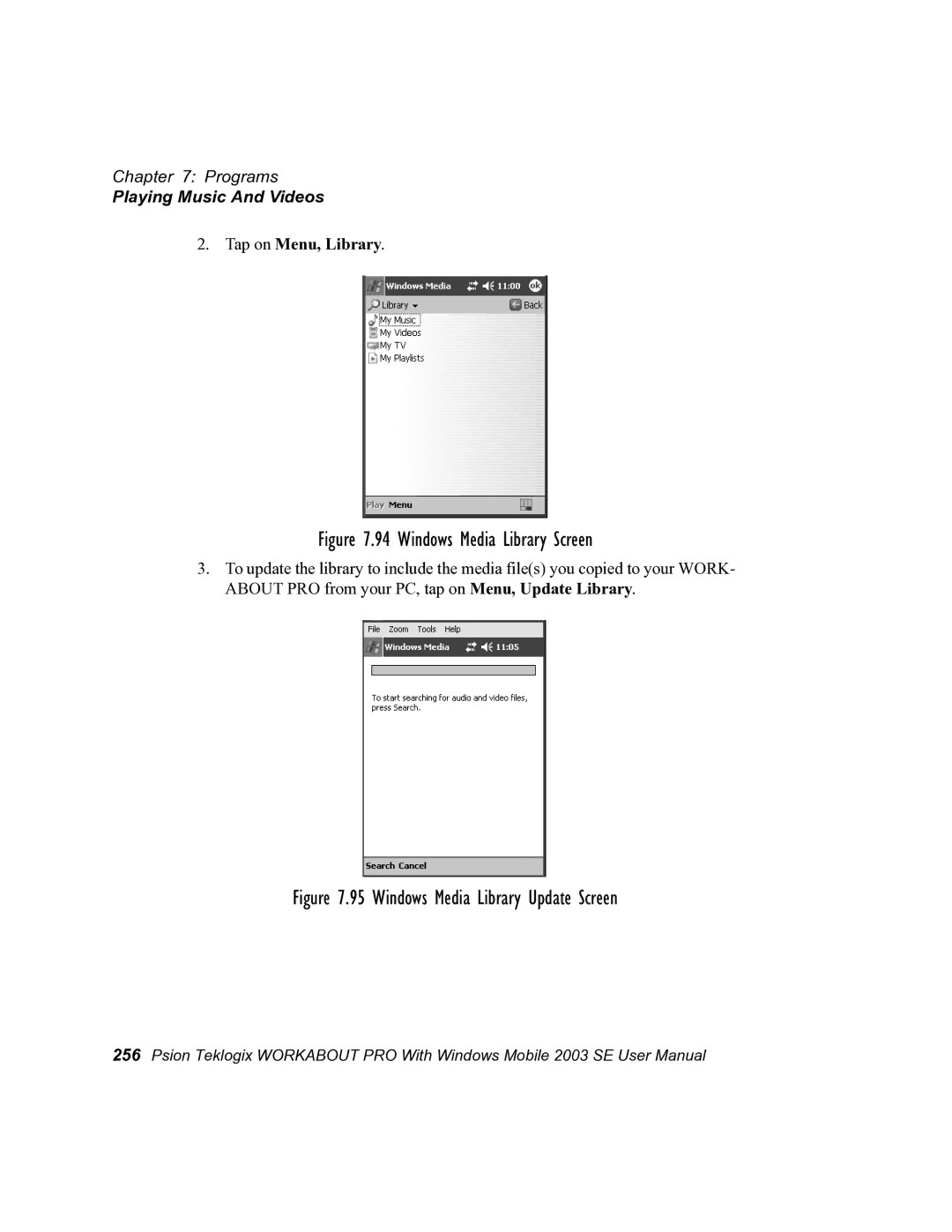 Psion Teklogix 7525 user manual Windows Media Library Screen, Tap on Menu, Library 