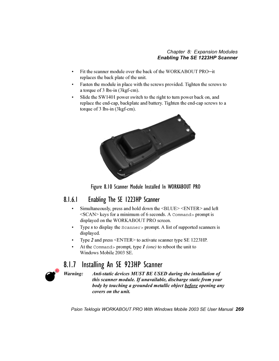 Psion Teklogix 7525 user manual Installing An SE 923HP Scanner, Enabling The SE 1223HP Scanner 