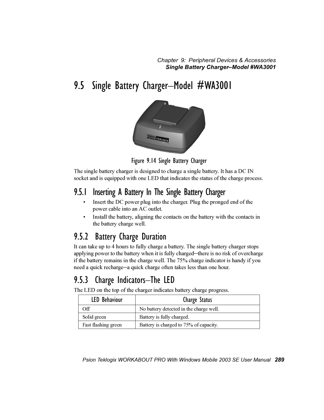 Psion Teklogix 7525 user manual Charge Indicators-The LED, Inserting a Battery In The Single Battery Charger 