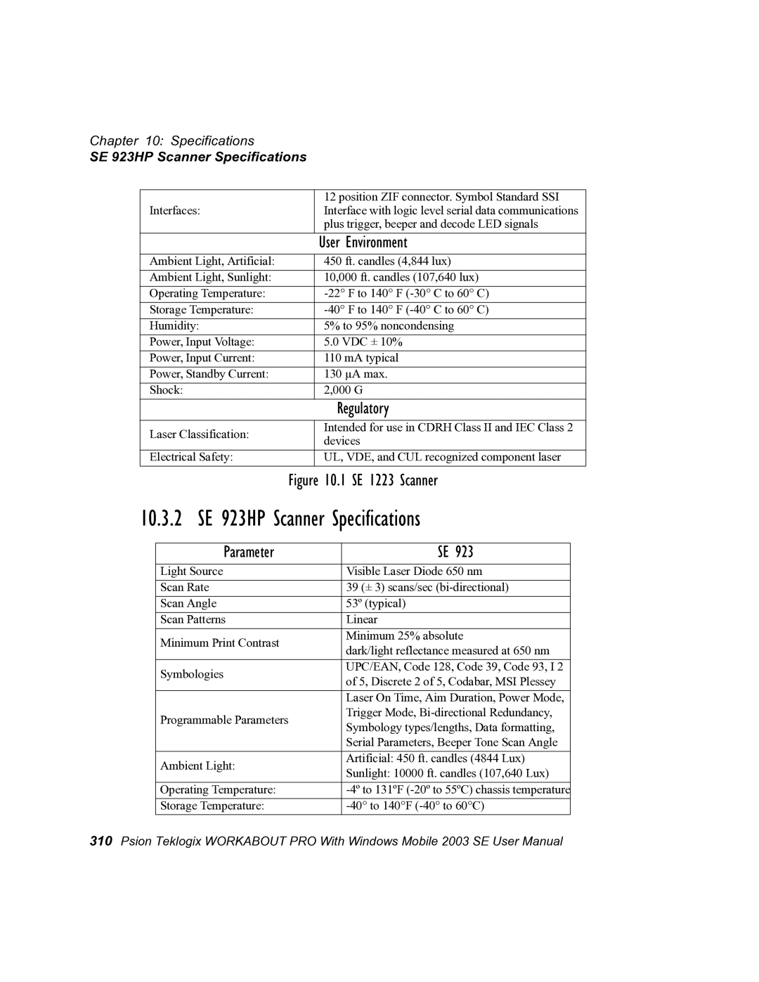 Psion Teklogix 7525 user manual 10.3.2 SE 923HP Scanner Specifications, User Environment, Regulatory 