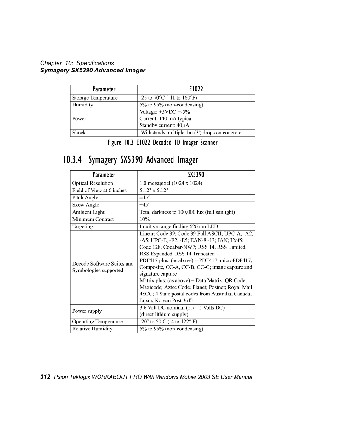 Psion Teklogix 7525 user manual Symagery SX5390 Advanced Imager, Parameter SX5390 