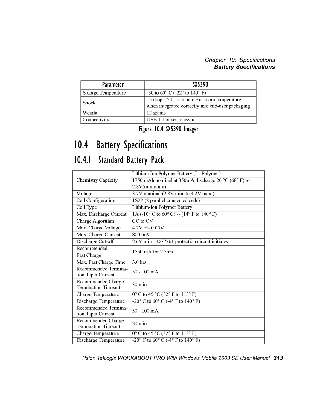 Psion Teklogix 7525 user manual Battery Specifications, Standard Battery Pack 