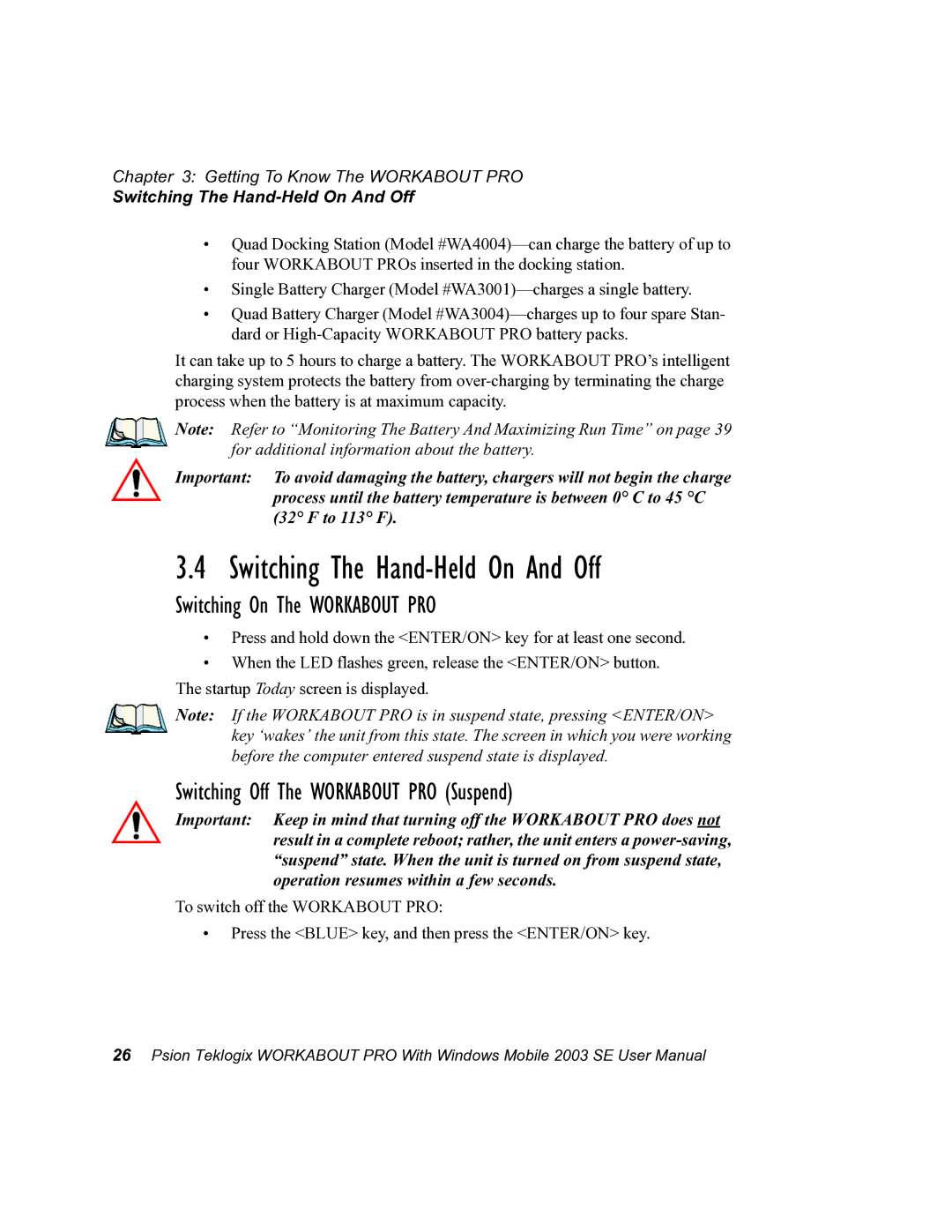 Psion Teklogix 7525 user manual Switching The Hand-Held On And Off, Switching On The Workabout PRO 