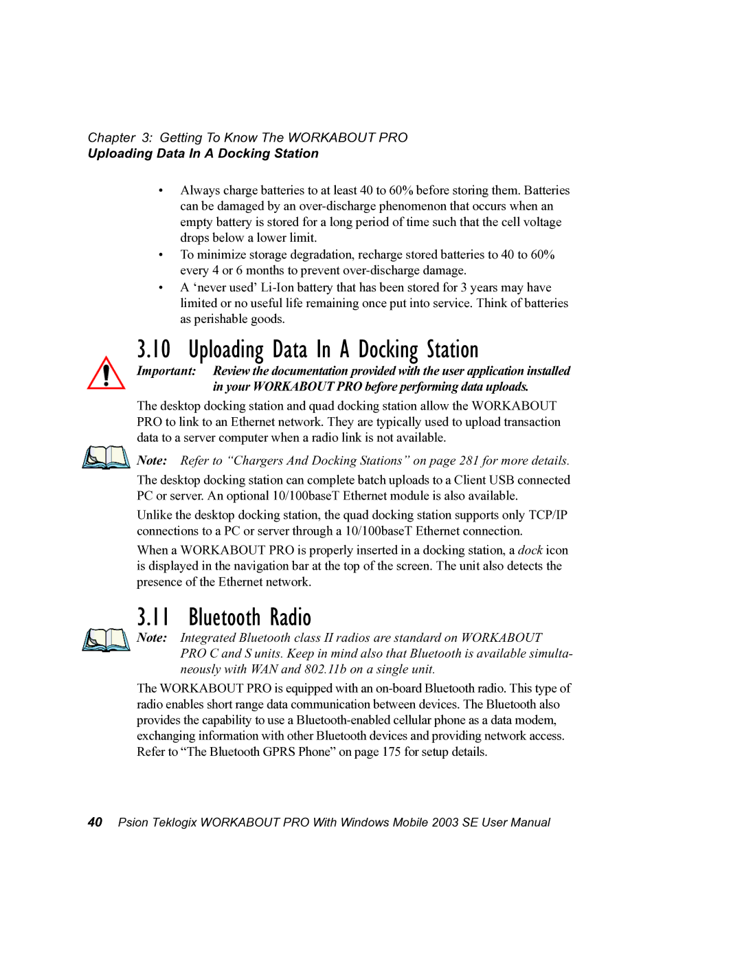 Psion Teklogix 7525 user manual Uploading Data In a Docking Station, Bluetooth Radio 