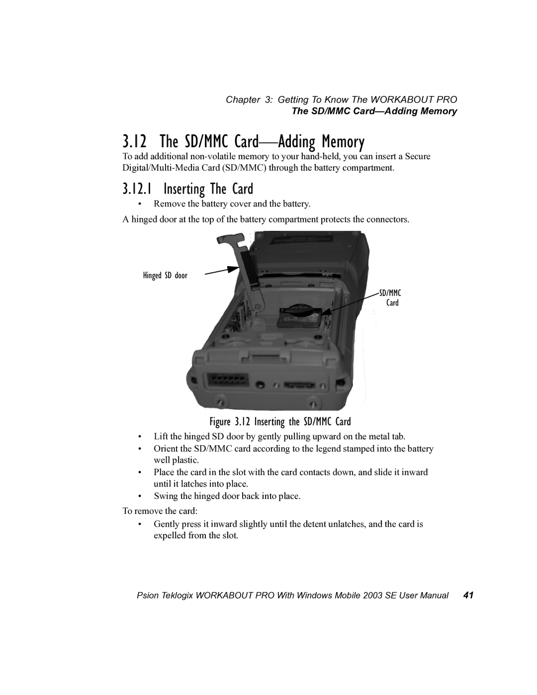 Psion Teklogix 7525 user manual SD/MMC Card-Adding Memory, Inserting The Card 