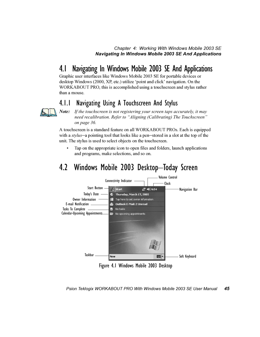 Psion Teklogix 7525 Navigating Using a Touchscreen And Stylus, Navigating In Windows Mobile 2003 SE And Applications 