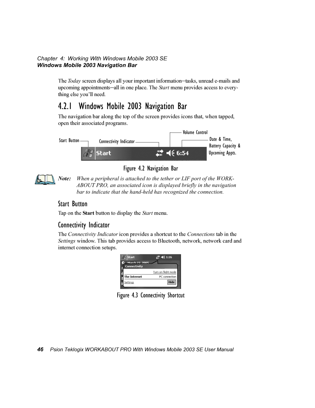 Psion Teklogix 7525 user manual Windows Mobile 2003 Navigation Bar, Start Button, Connectivity Indicator 