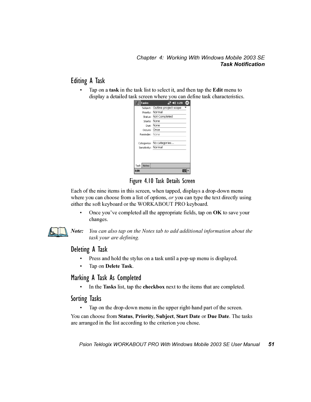 Psion Teklogix 7525 Editing a Task, Deleting a Task, Marking a Task As Completed, Sorting Tasks, Tap on Delete Task 