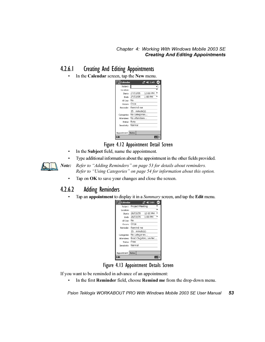 Psion Teklogix 7525 user manual Creating And Editing Appointments, Adding Reminders 