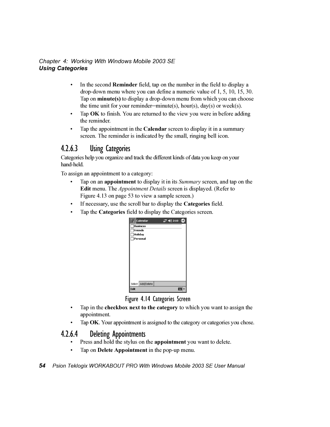 Psion Teklogix 7525 user manual Using Categories, Deleting Appointments 