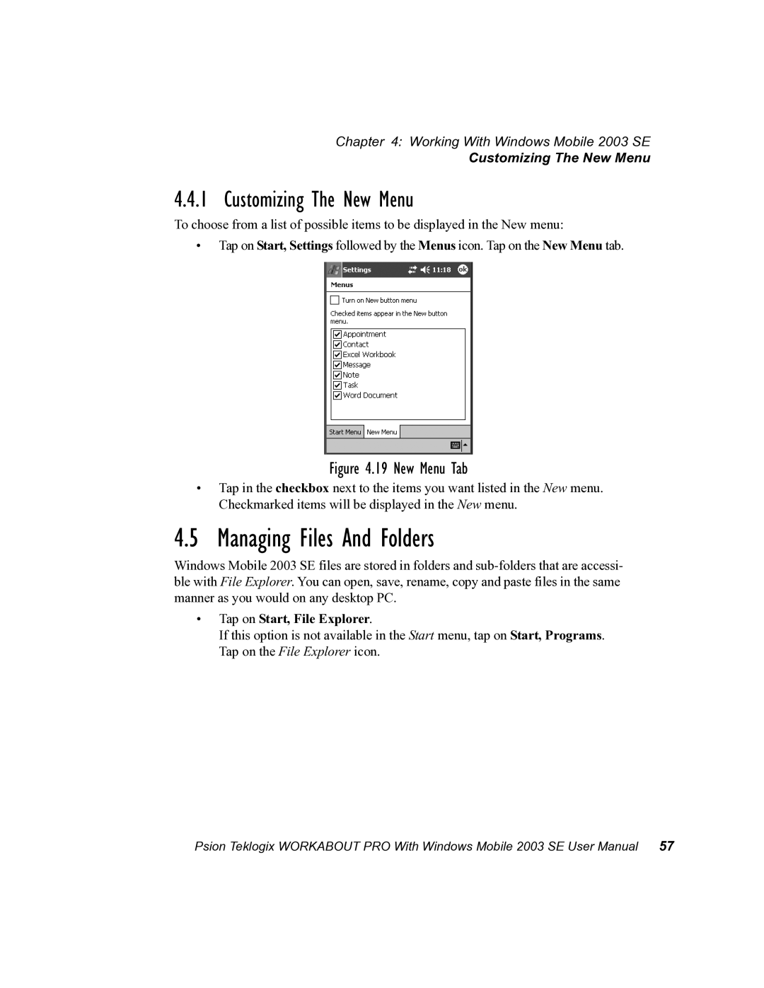 Psion Teklogix 7525 user manual Managing Files And Folders, Customizing The New Menu, Tap on Start, File Explorer 