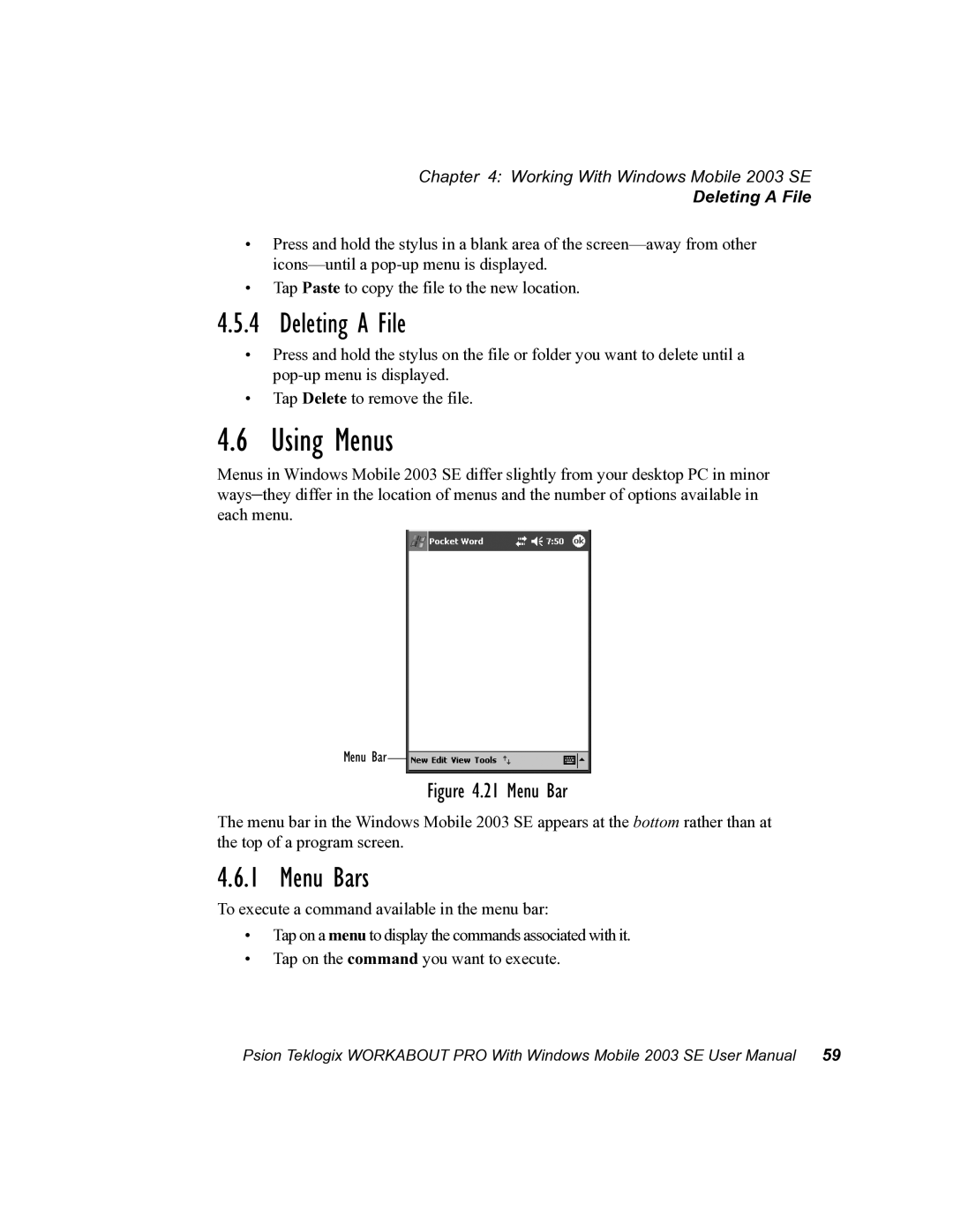 Psion Teklogix 7525 user manual Using Menus, Deleting a File, Menu Bars 