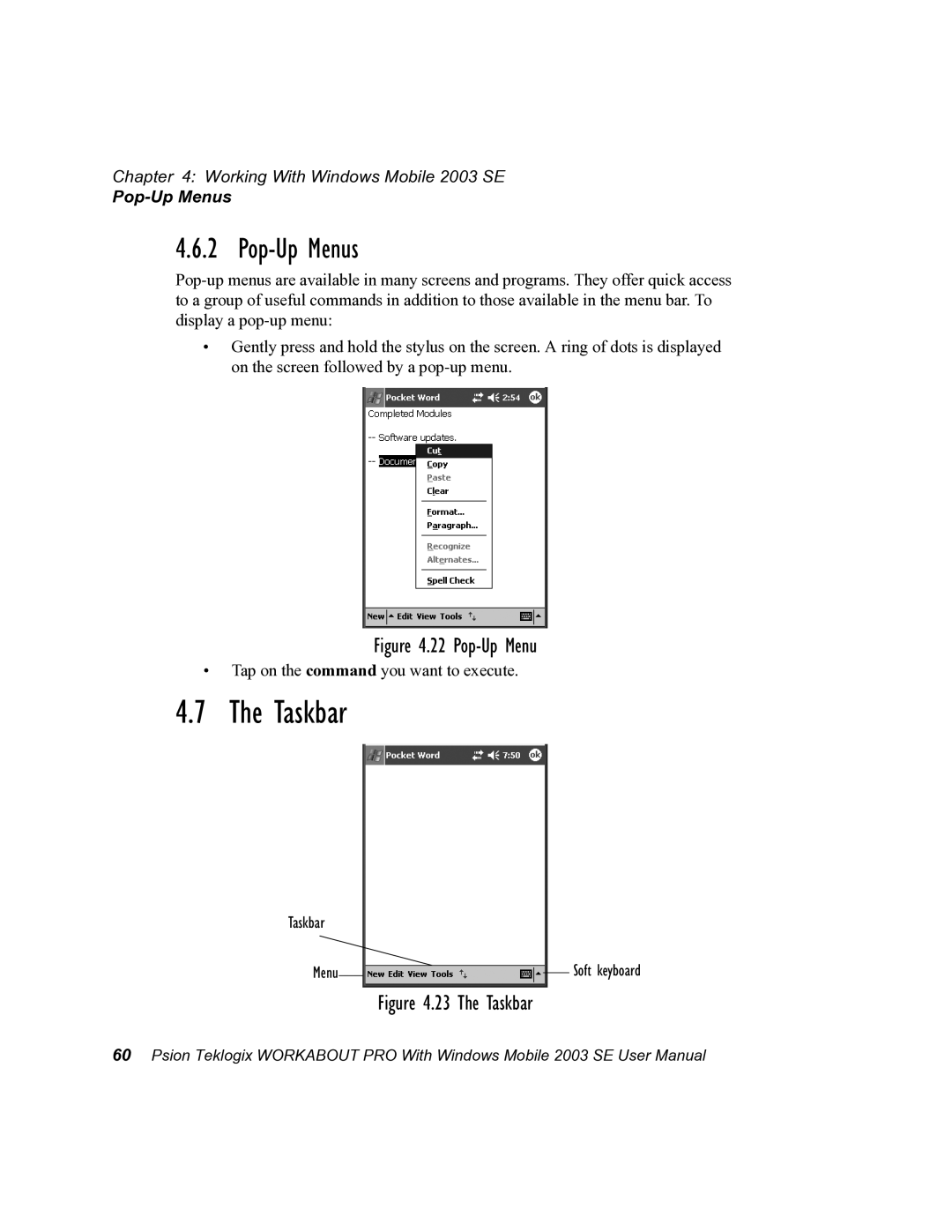 Psion Teklogix 7525 user manual Taskbar, Pop-Up Menus 