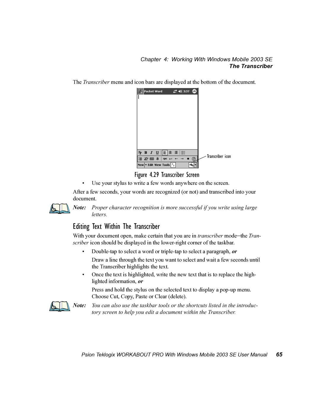 Psion Teklogix 7525 user manual Editing Text Within The Transcriber 