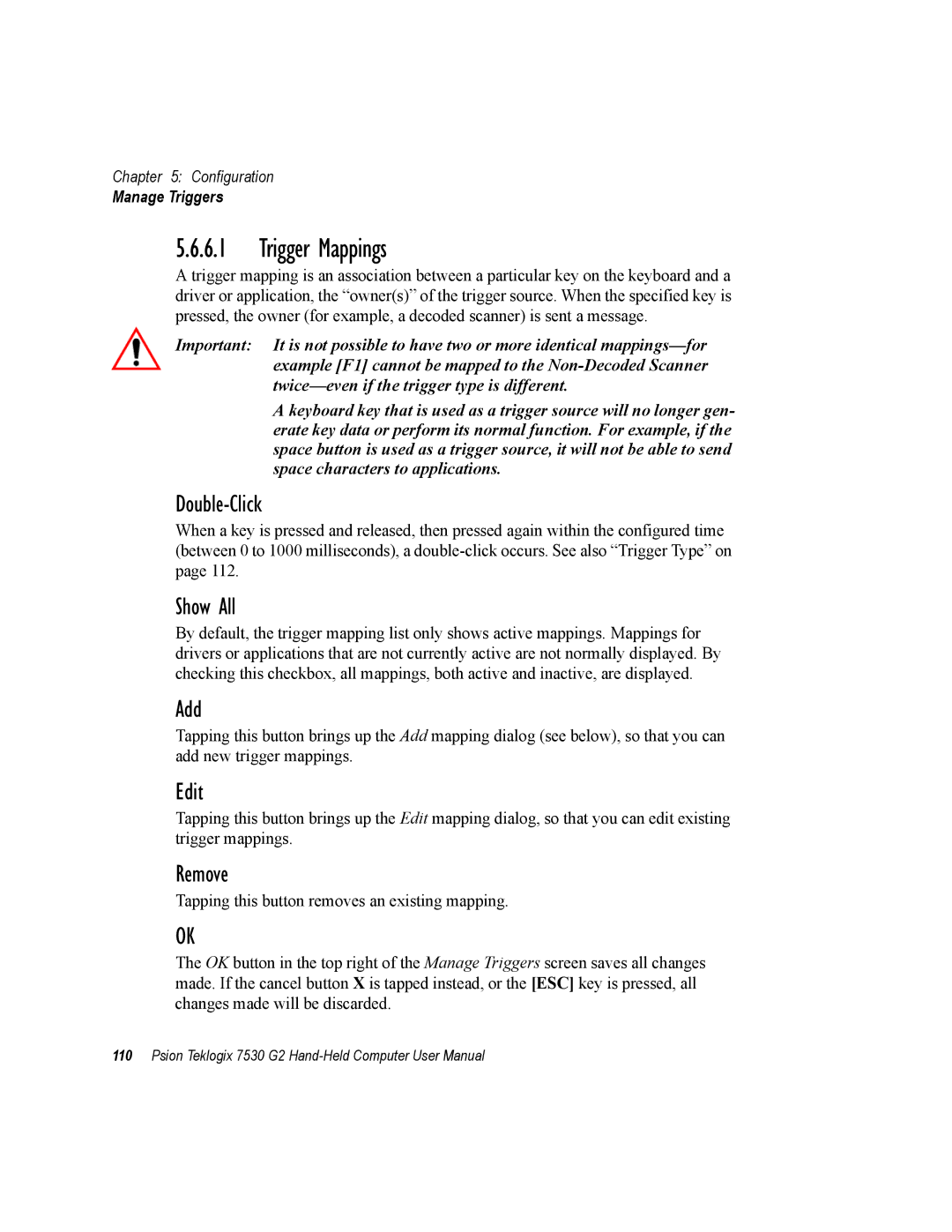 Psion Teklogix 7530 G2 user manual Trigger Mappings 