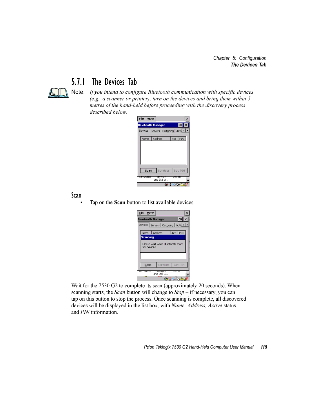 Psion Teklogix 7530 G2 user manual Devices Tab, Scan 