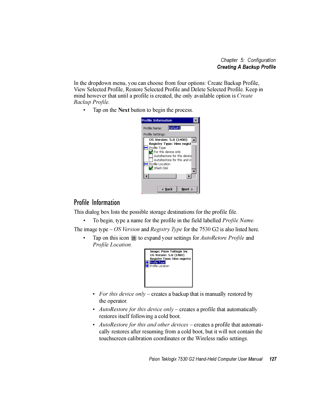 Psion Teklogix 7530 G2 user manual Profile Information, Creating a Backup Profile 