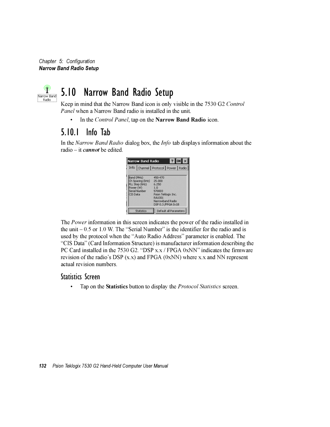 Psion Teklogix 7530 G2 user manual Narrow Band Radio Setup, Info Tab, Statistics Screen 