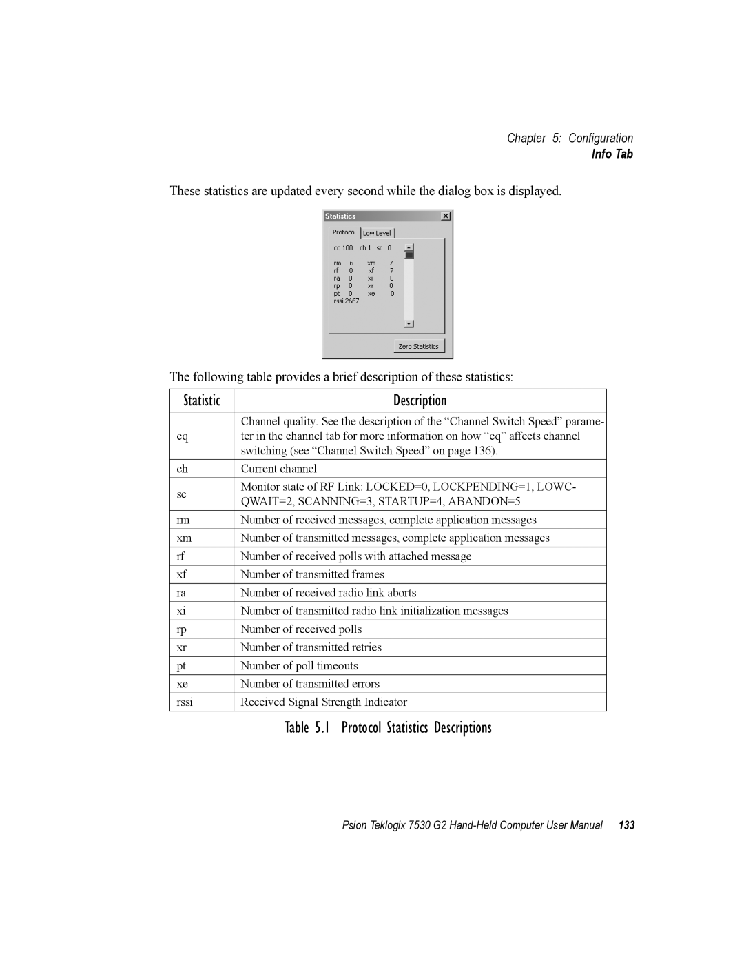 Psion Teklogix 7530 G2 user manual Protocol Statistics Descriptions, Info Tab 