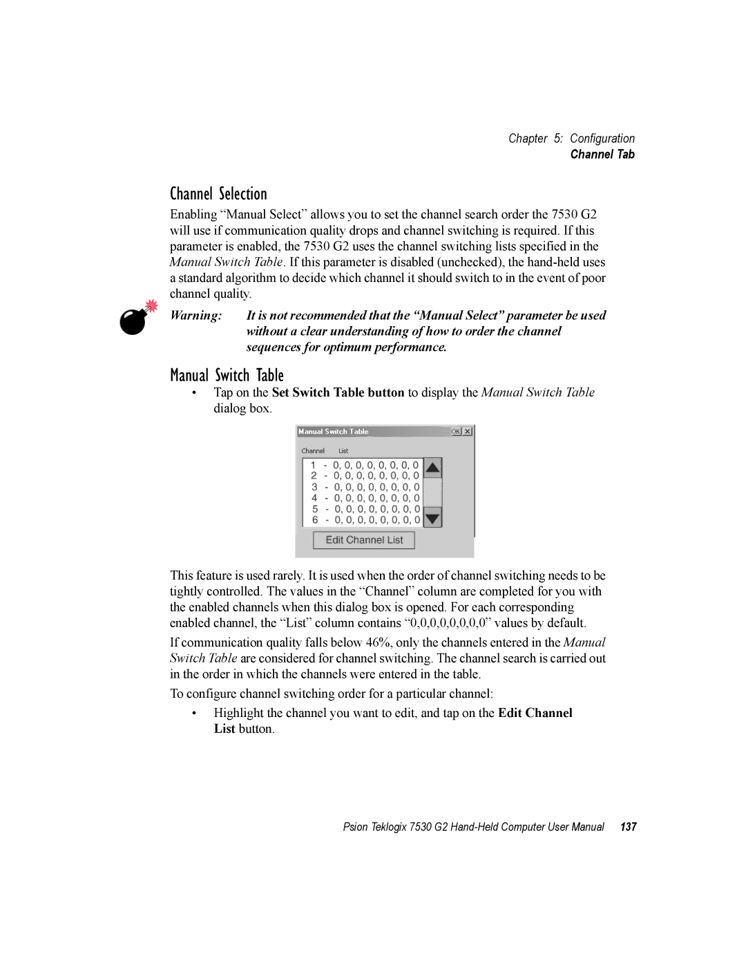 Psion Teklogix 7530 G2 user manual Channel Selection, Manual Switch Table 