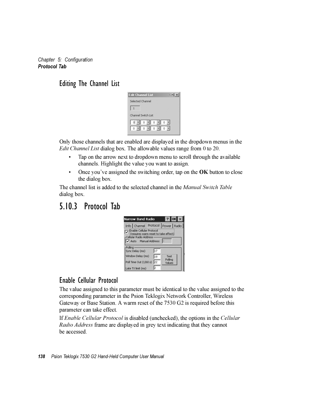 Psion Teklogix 7530 G2 user manual Protocol Tab, Editing The Channel List, Enable Cellular Protocol 